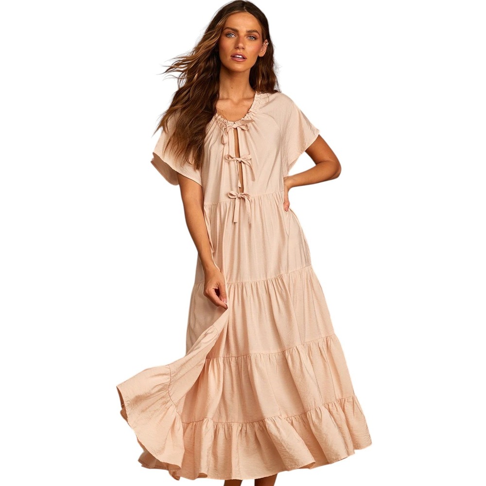 Lulus Blush Pink Tiered Maxi Dress Small‎ Bow Front Babydoll Cottagecore Prairie